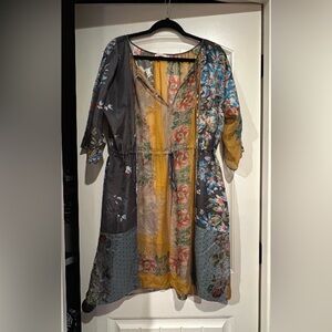 Johnny Was Floral Silk Patchwork Bohemian Farmhouse 1/2 Sleeve Sheer Dress  M